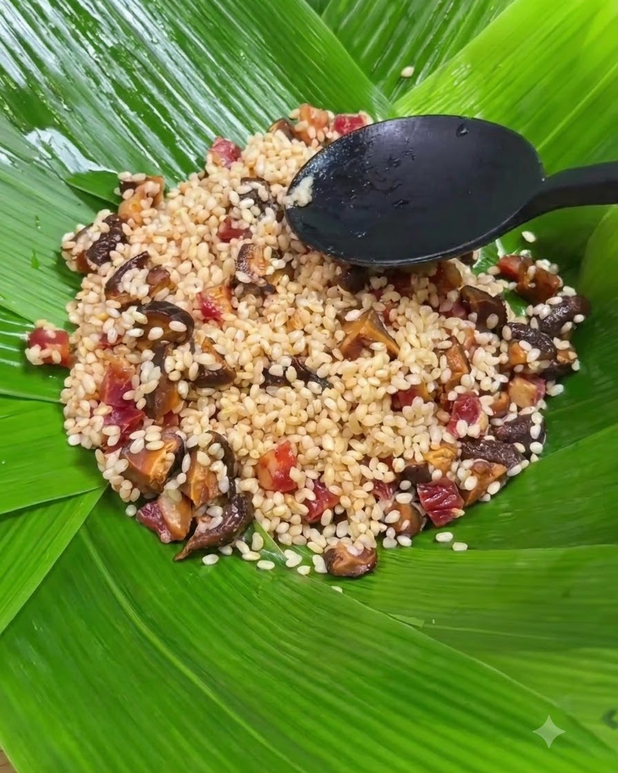 Travers de porc marinés disposés sur la couche de riz gluant assaisonné à lintérieur des feuilles de Zong.
