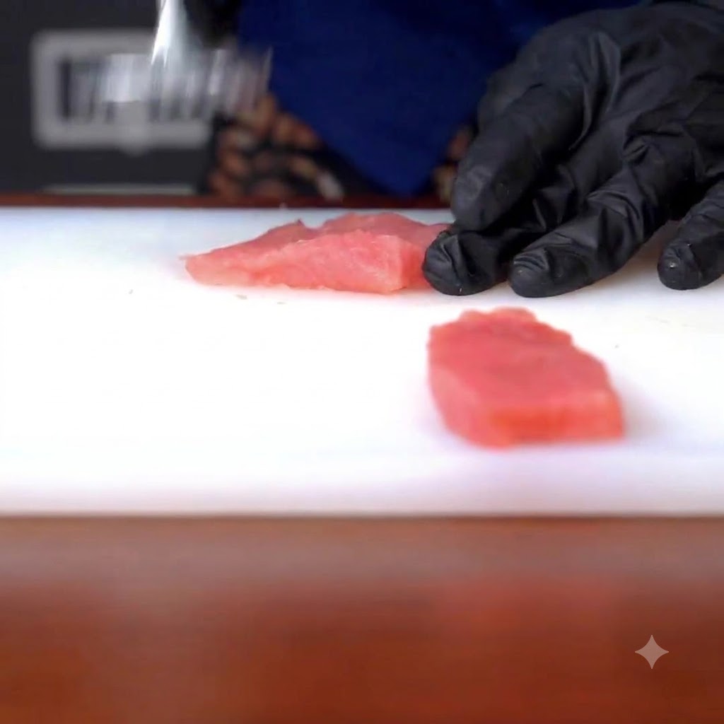 Une tranche de porc crue battue avec un maillet à viande en métal.