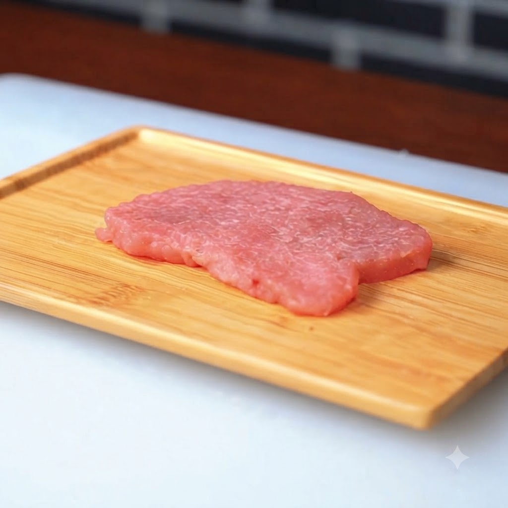 Une tranche de porc crue posée sur une planche en bois après avoir été enrobée de farine.