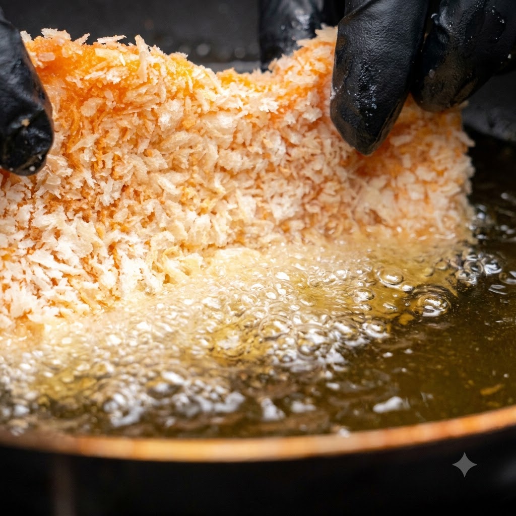 Une côte de porc panée plongée dans de lhuile de cuisson bouillante à lintérieur dune poêle.
