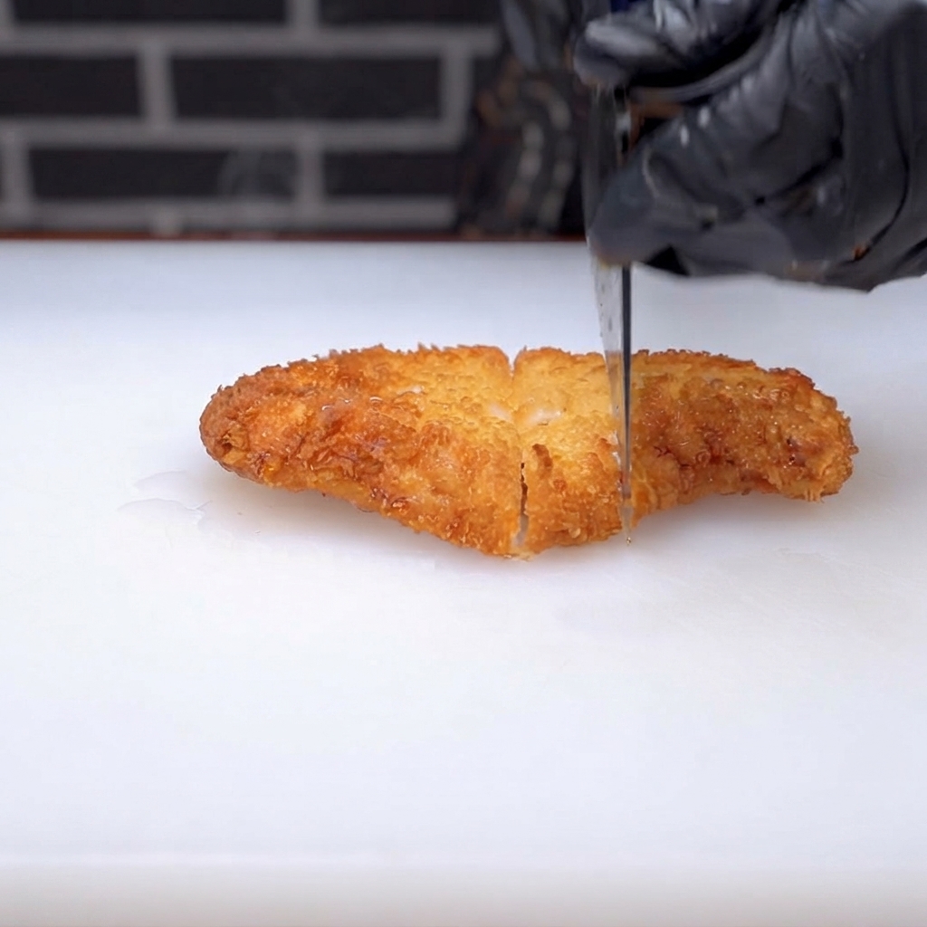 Une côte de porc frite dorée et croustillante coupée en lanières sur une planche à découper blanche.
