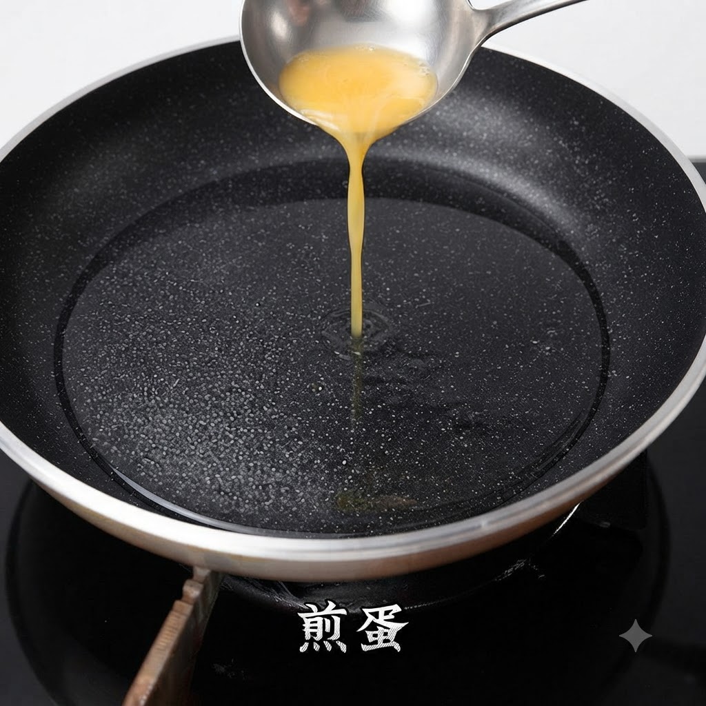 De lœuf battu versé dune louche dans une poêle chaude pour créer une fine couche domelette.