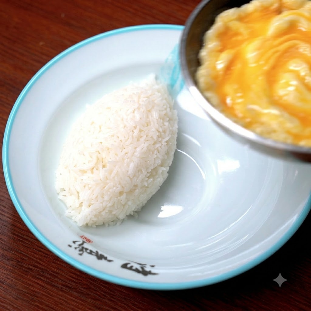 Une fine omelette cuite transférée dune poêle sur une assiette de service à côté de riz blanc.