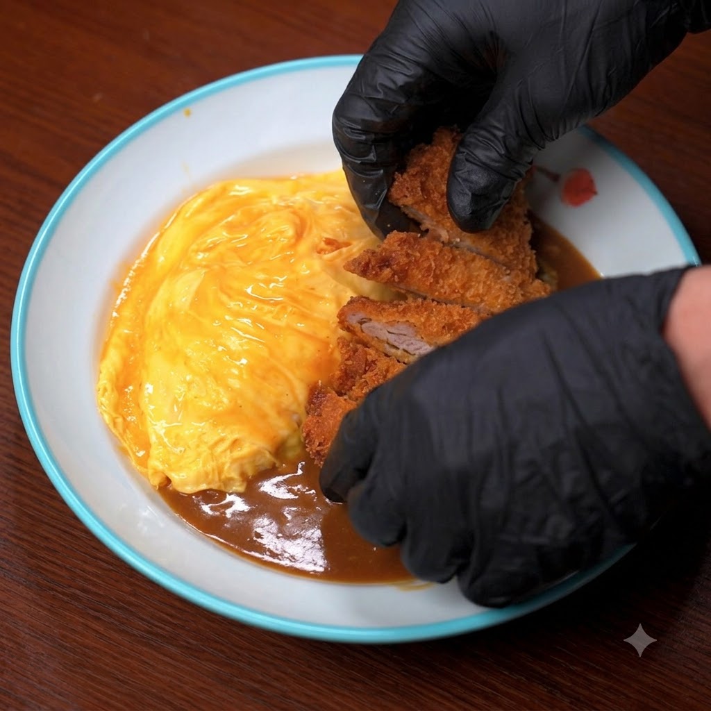 Une paire de mains gantées disposant des morceaux de côte de porc croustillante tranchée sur un plat de riz au curry avec omelette.