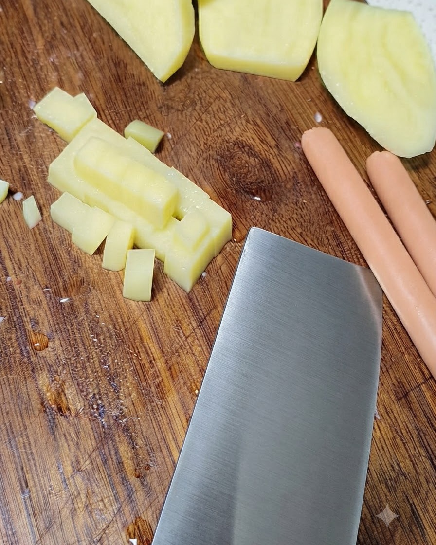 Pommes de terre crues coupées en petits cubes sur une planche à découper en bois à côté de saucisses.
