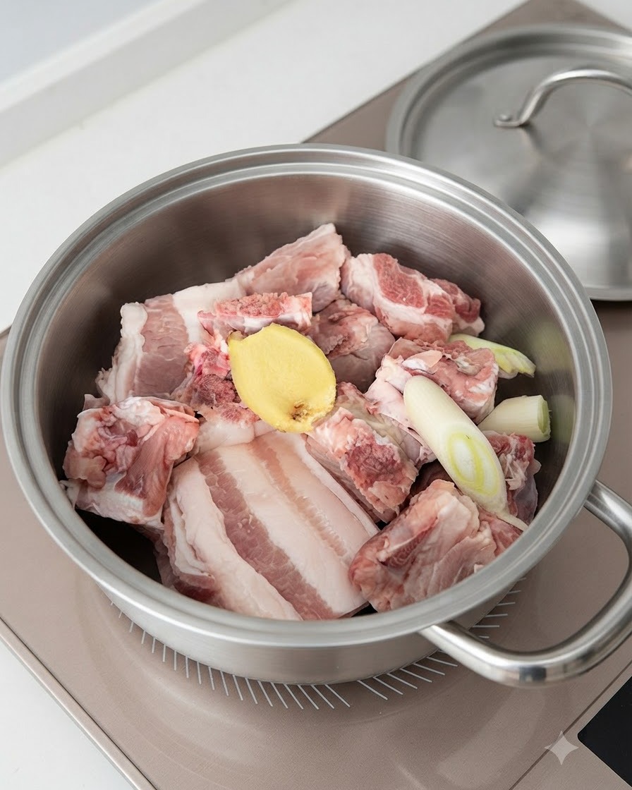 Une casserole en métal remplie de côtes de porc, de tranches de gingembre, de ciboules et de liquide prête pour le blanchiment.