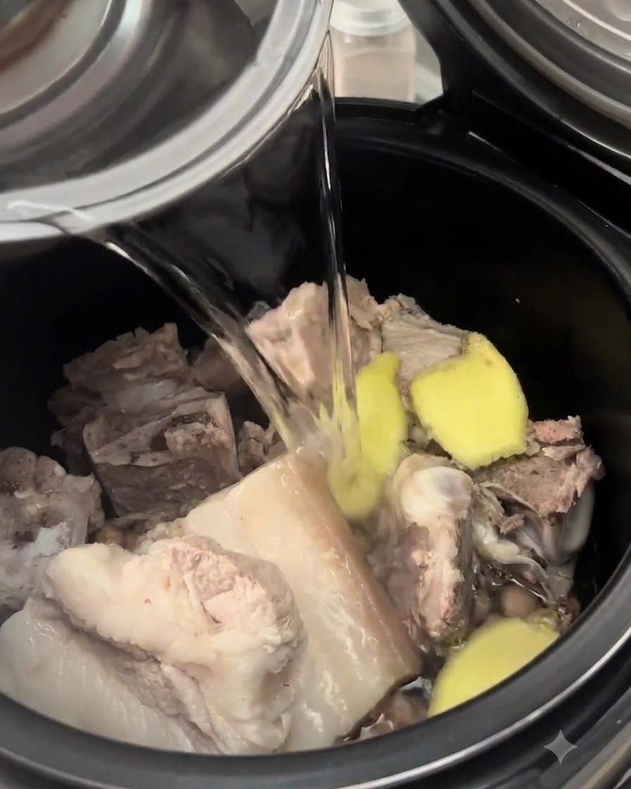 De leau versée dune cruche métallique dans une casserole noire remplie de côtes de porc, de cacahuètes et de gingembre tranché.