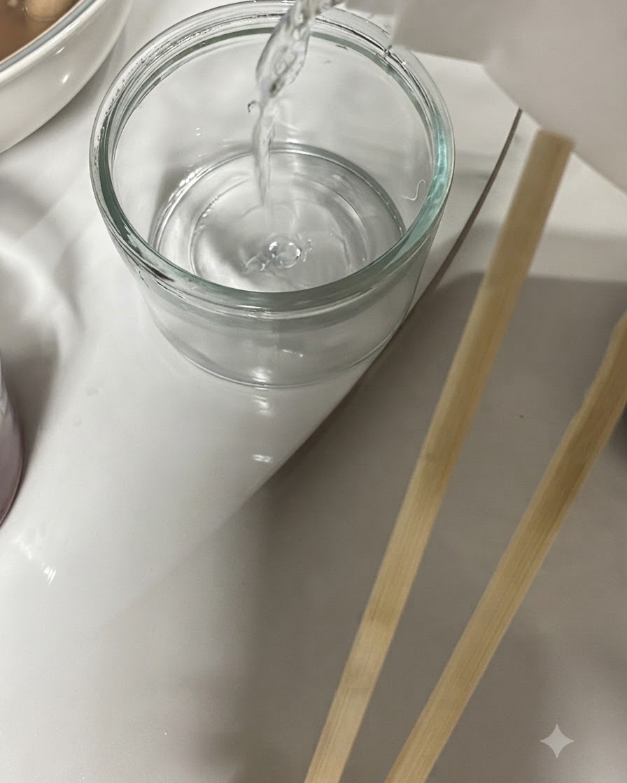 De lalcool blanc versé dune bouteille dans un petit verre à côté dun bol de soupe et de riz.