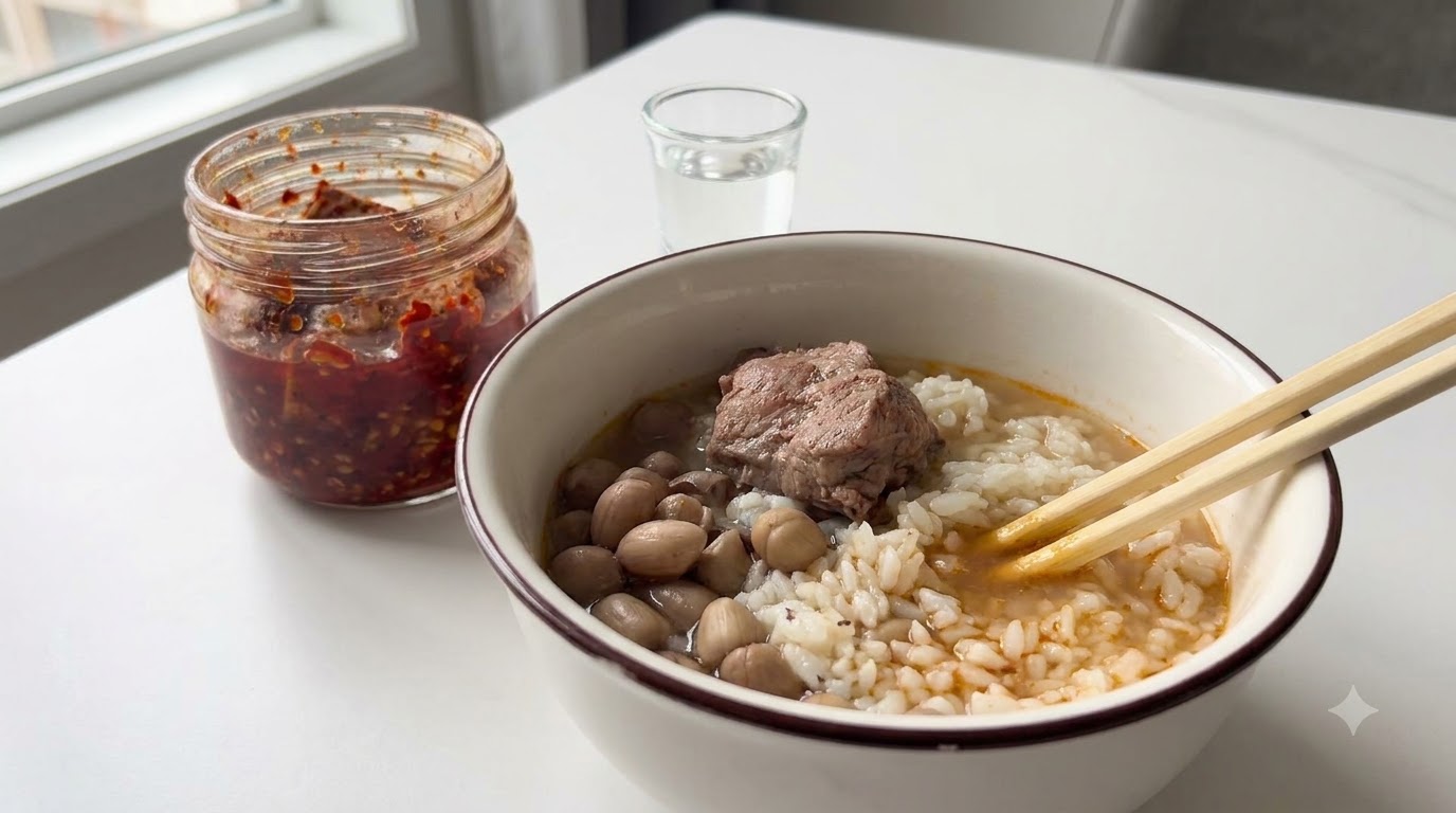 Un bol de soupe de riz aux côtes de porc et cacahuètes tendres dans un bouillon savoureux, servi avec du tofu fermenté et un verre dalcool.