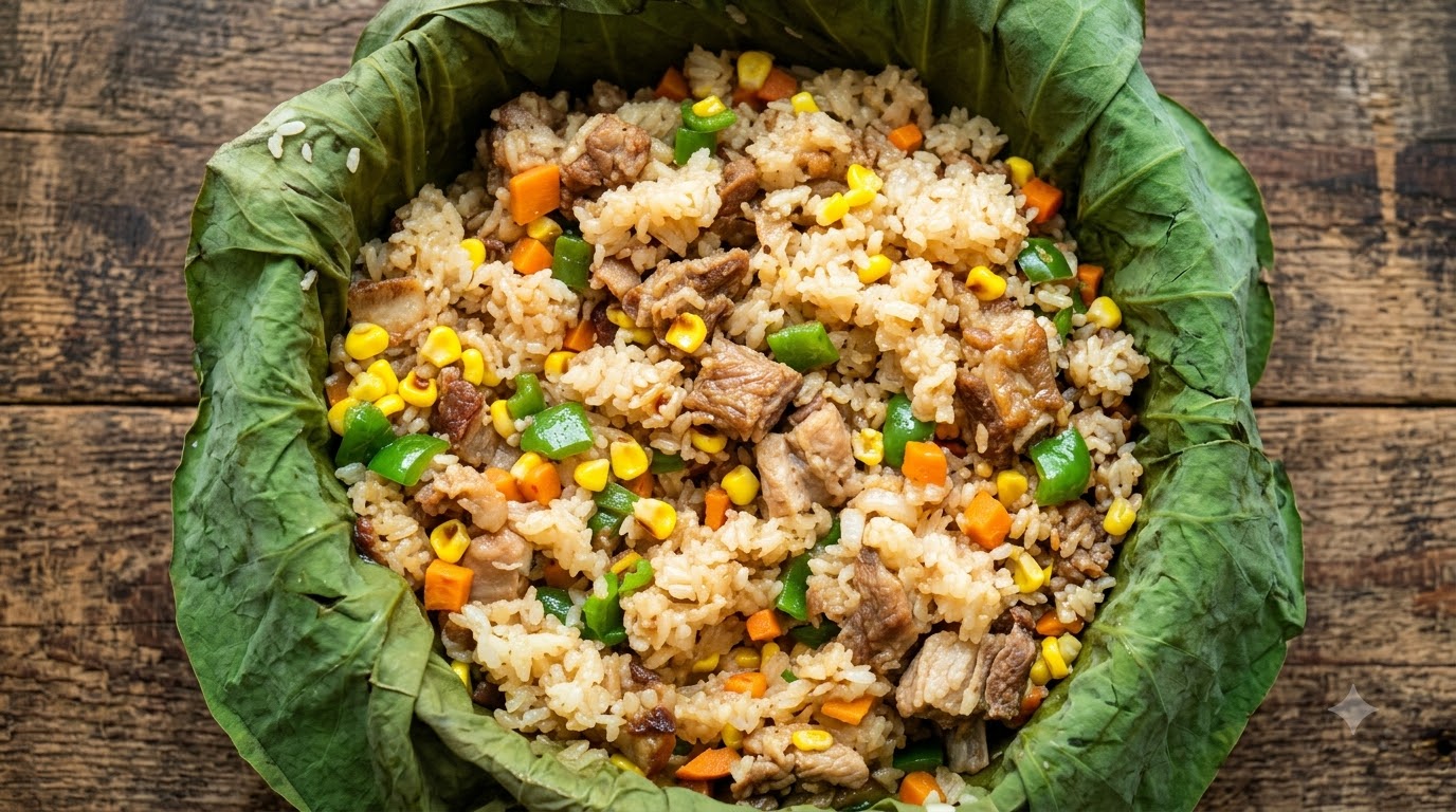 Riz Enveloppé dans une Feuille de Lotus aux Côtes de Porc et Légumes