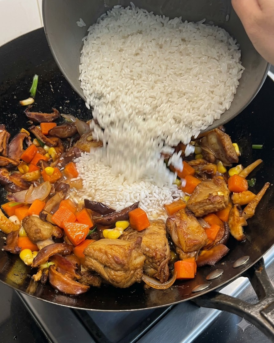 Des grains de riz blanc pré-trempés versés dun bol dans le mélange du wok.