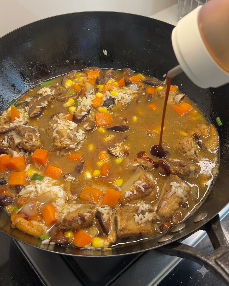 Des sauces et des assaisonnements versés dans le wok rempli de riz, de viande et de légumes.