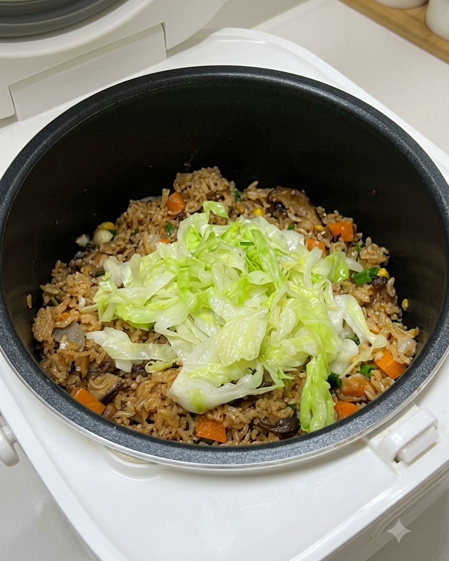 Du chou vert fraîchement sauté reposant sur le dessus du mélange de riz cuit à lintérieur de la cuve du cuiseur de riz.
