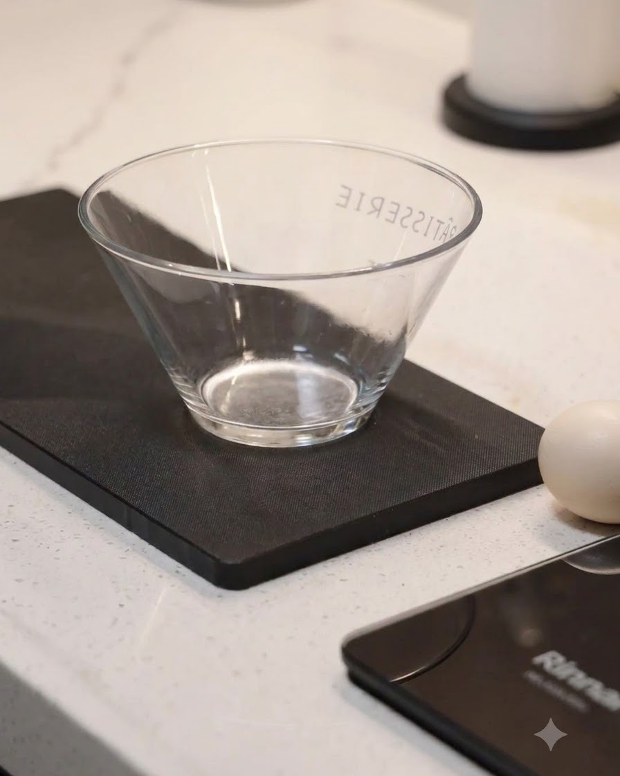 Un bol mélangeur en verre vide placé sur un tapis noir à côté dun œuf.
