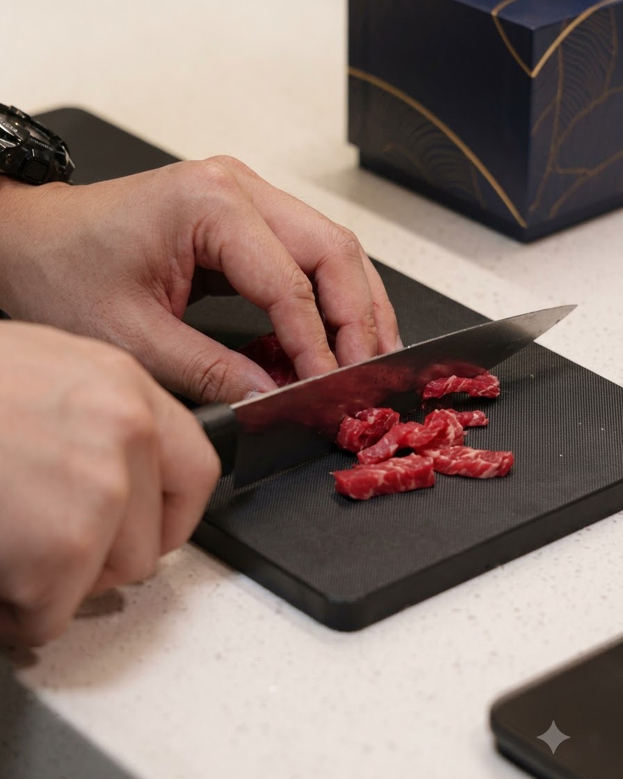 Du bœuf soigneusement coupé en petites lamelles fines sur une planche à découper noire.