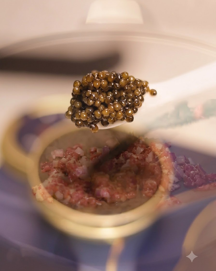 Une cuillère de caviar noir montrée au-dessus dune poêle contenant de la viande coupée en dés et des oignons.
