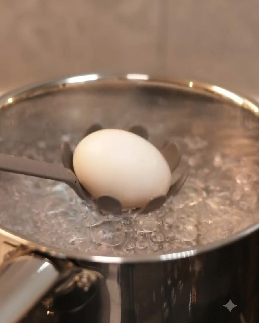 Un seul œuf plongé dans une casserole deau bouillante à laide dune écumoire.