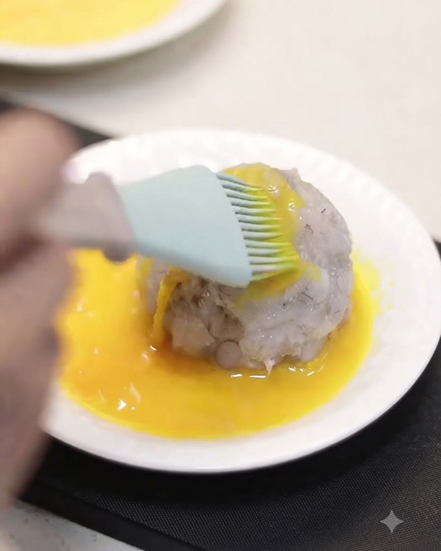 Un œuf enrobé de pâte de crevette badigeonné de blanc dœuf battu sur une assiette blanche.