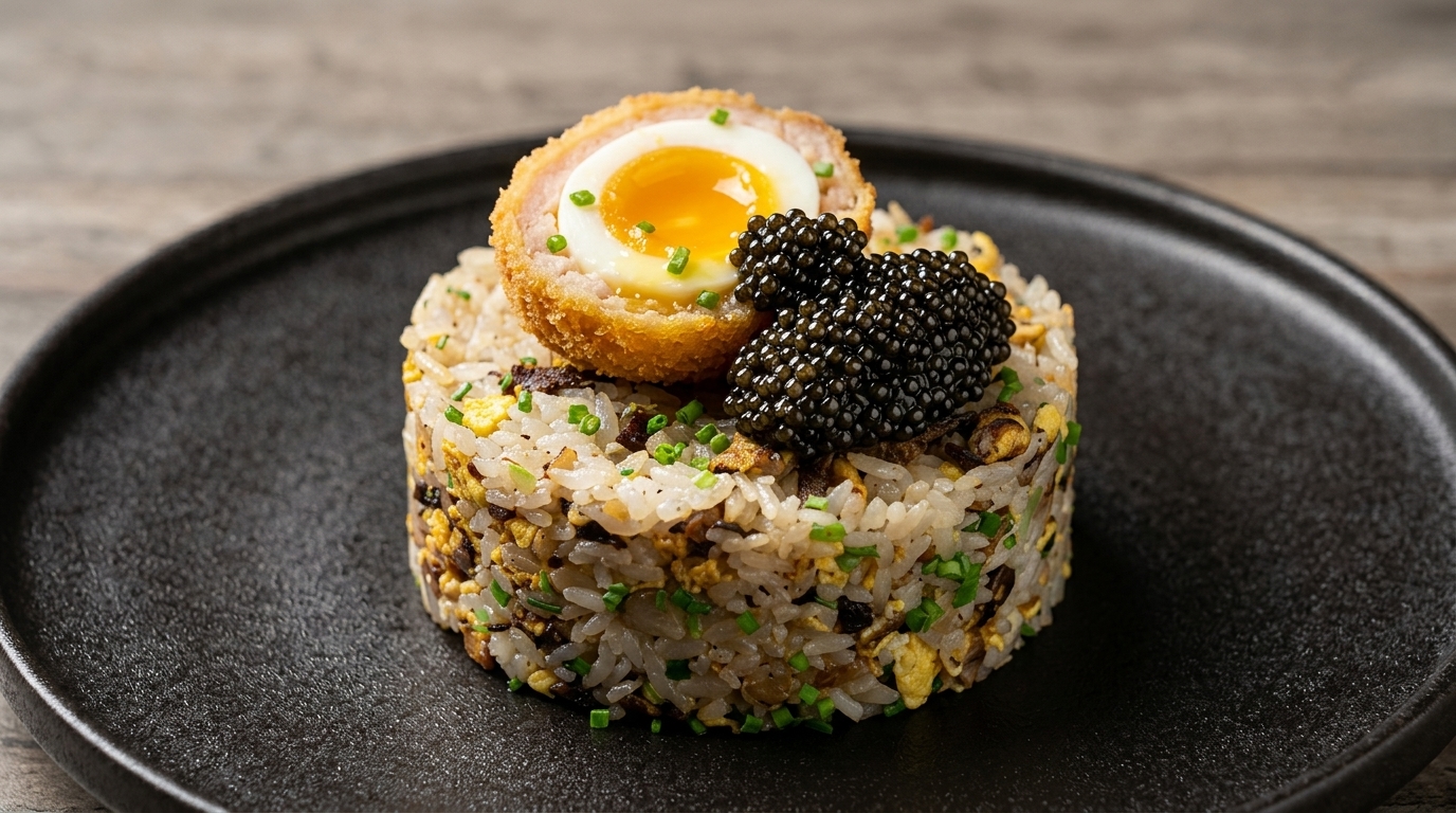 Riz sauté au bœuf, truffe noire, œuf Écossais et caviar