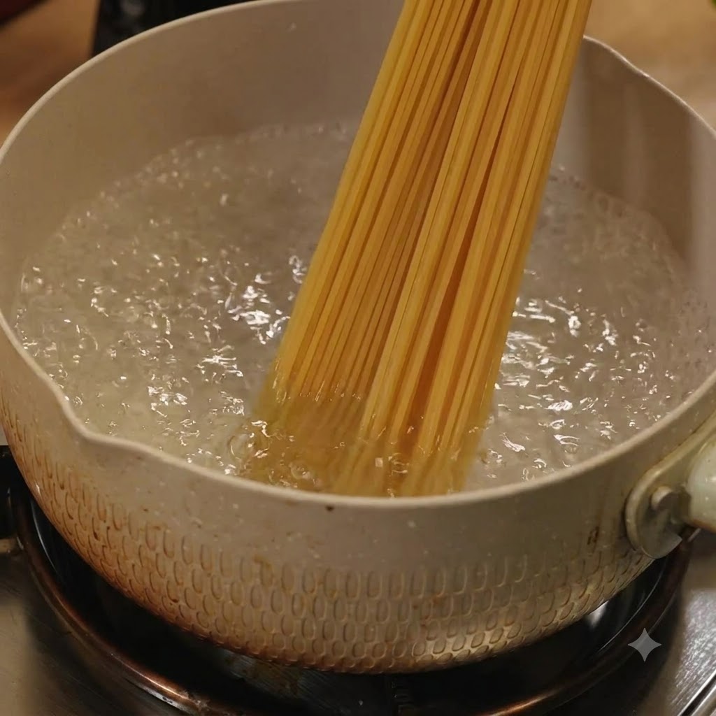 Des spaghettis crus plongés dans une casserole deau bouillante sur une cuisinière.