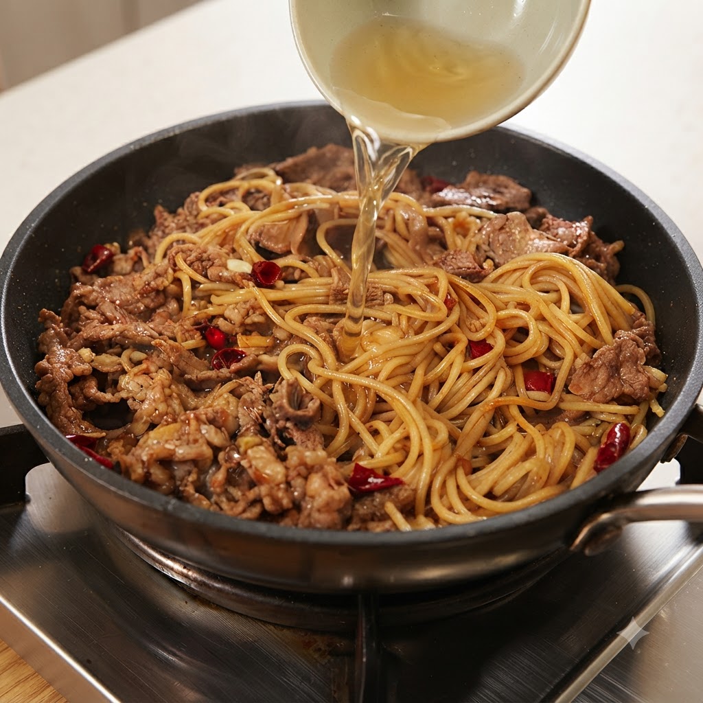 Un petit bol versant de leau de cuisson des nouilles dans la poêle avec les nouilles et le bœuf.