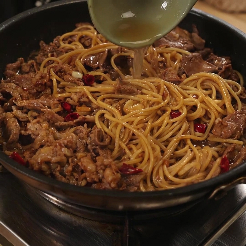 Du bœuf et des nouilles mélangés ensemble dans une poêle avec du liquide ajouté à la louche.