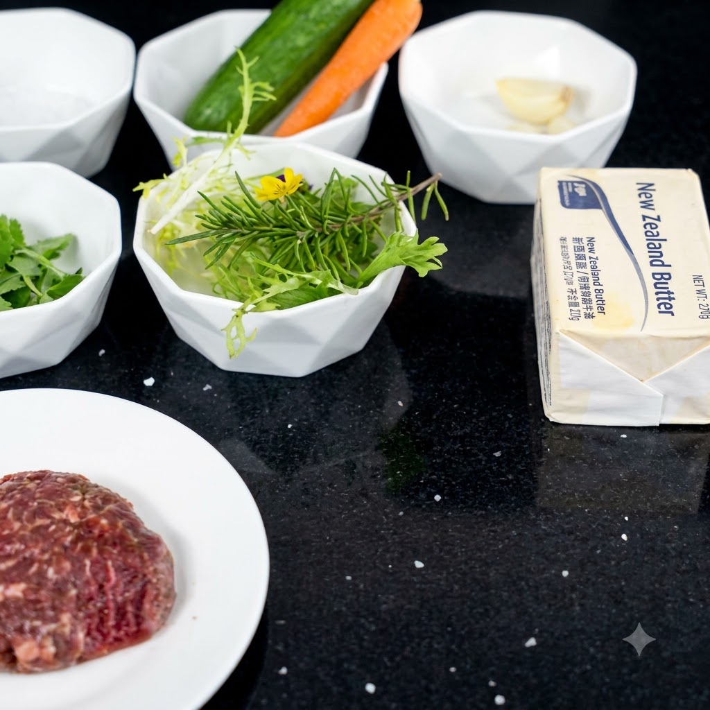 Steak cru sur une assiette blanche avec des ingrédients dassaisonnement et un bloc de beurre à proximité sur une surface sombre.