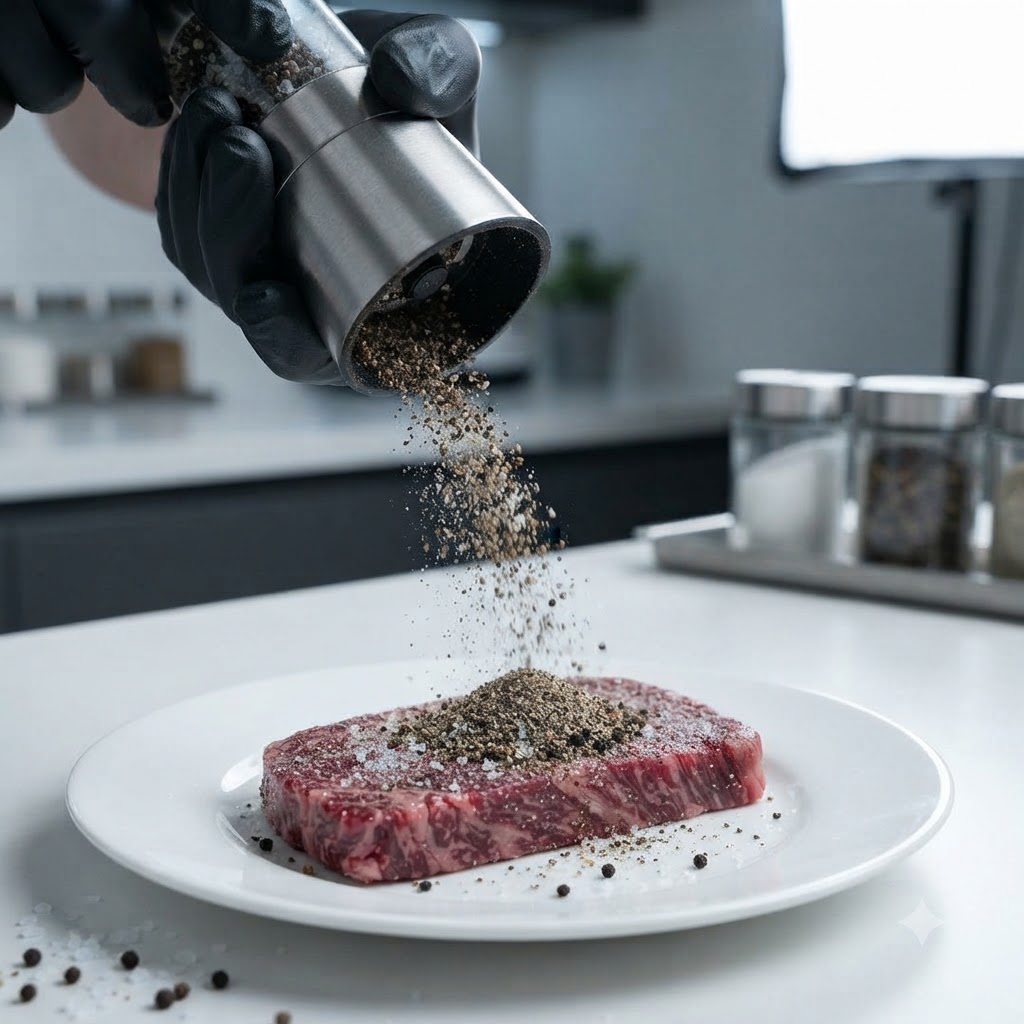 Gros plan dune main gantée moulant du poivre noir et du sel sur un steak cru dans une assiette blanche.