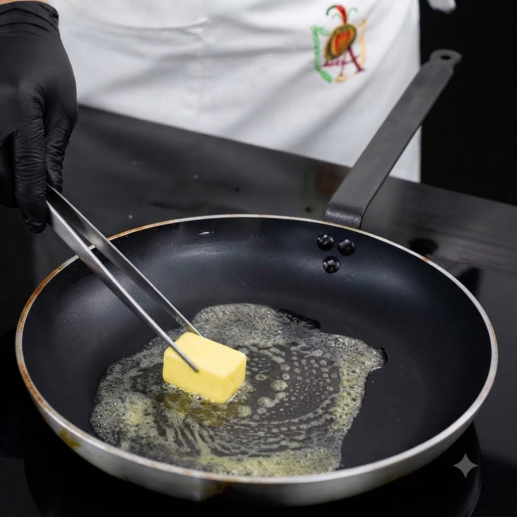 Un morceau de beurre fondant dans une poêle chaude avec de lhuile végétale à laide de pinces.