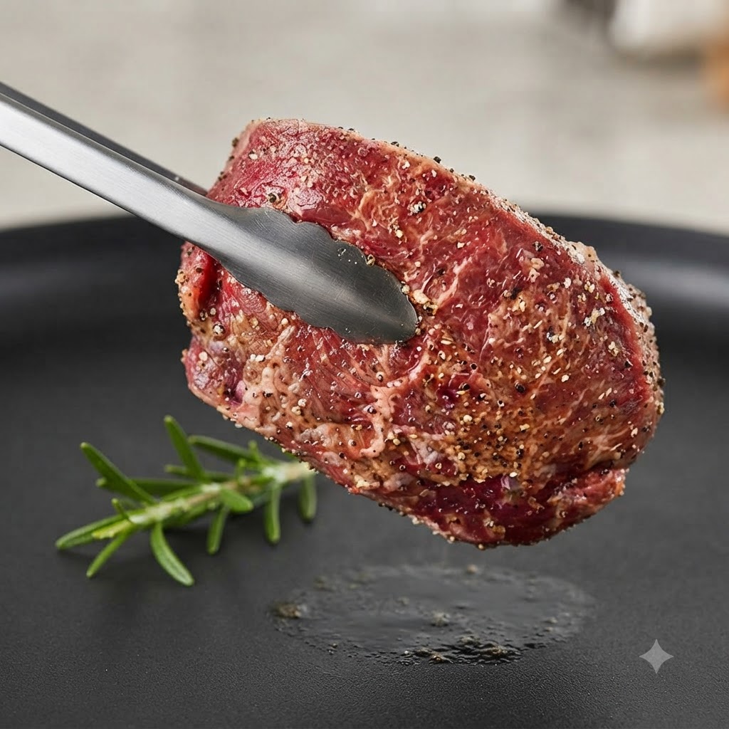 Un steak assaisonné tenu par des pinces métalliques avec un brin de romarin à proximité.