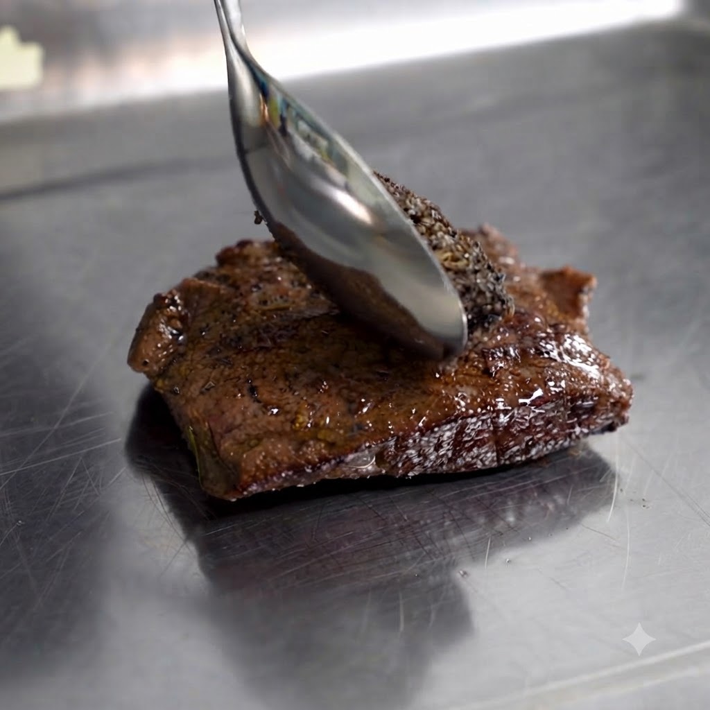 Pâte de truffe noire en train dêtre cuillère et étalée sur un steak bruni posé sur un plateau en acier.