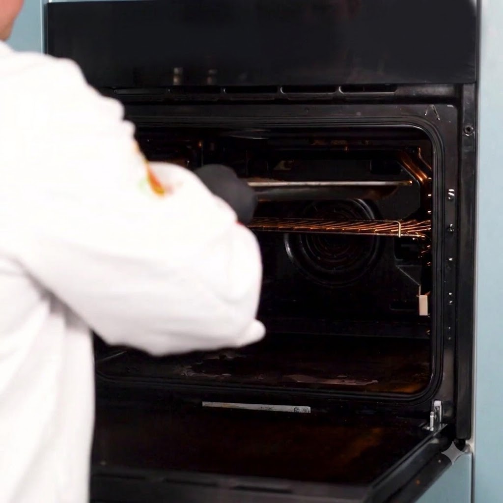 Un chef plaçant un plateau avec le steak préparé dans un four chaud.