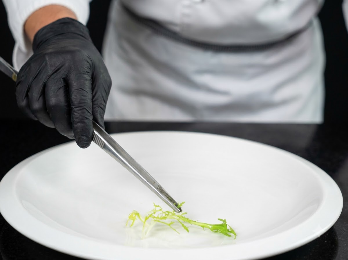 Un chef portant des gants noirs utilisant des pinces pour placer une garniture de légumes verts frais au centre dune grande assiette blanche.