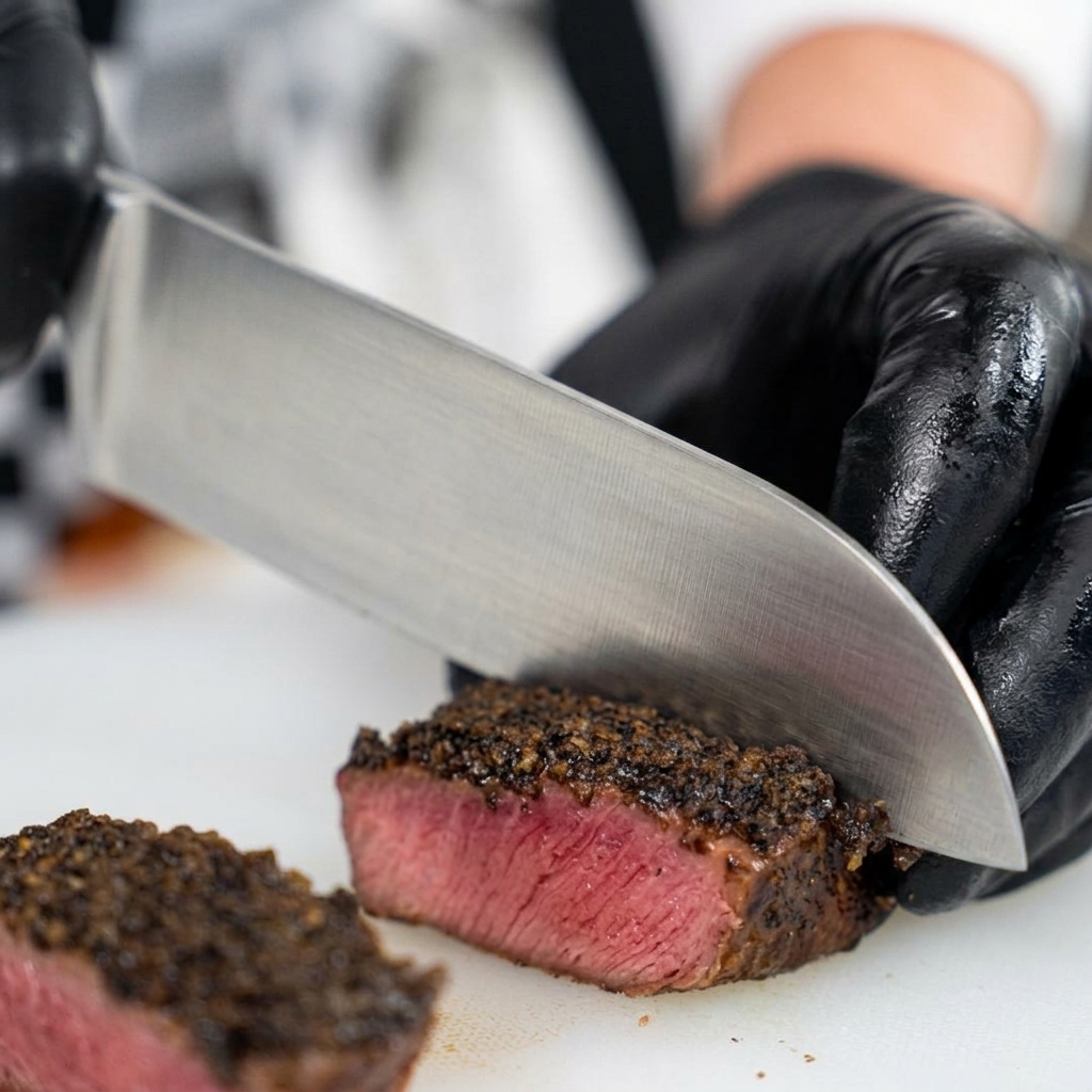 Un chef portant des gants noirs tranchant un steak cuit avec une croûte de truffe foncée en trois morceaux distincts sur une planche à découper, révélant un intérieur rose.