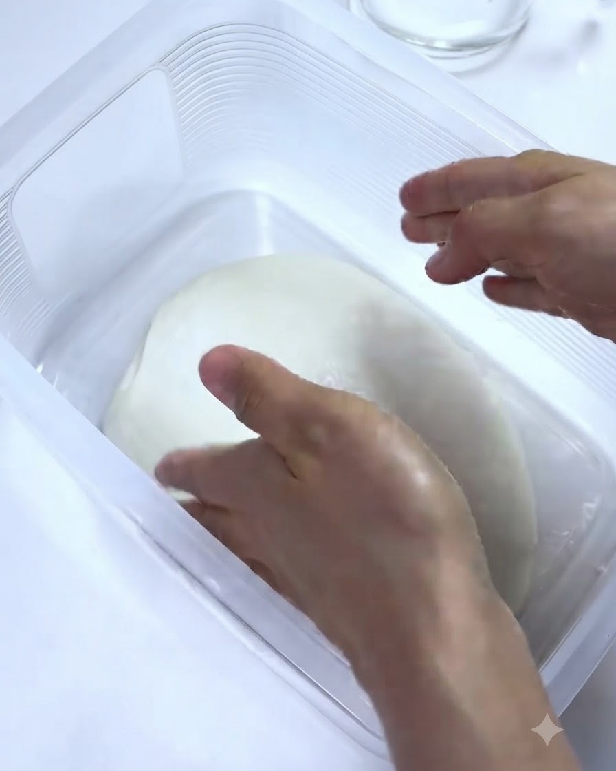 Mains effectuant un mouvement de pliage sur la pâte à lintérieur de son récipient.