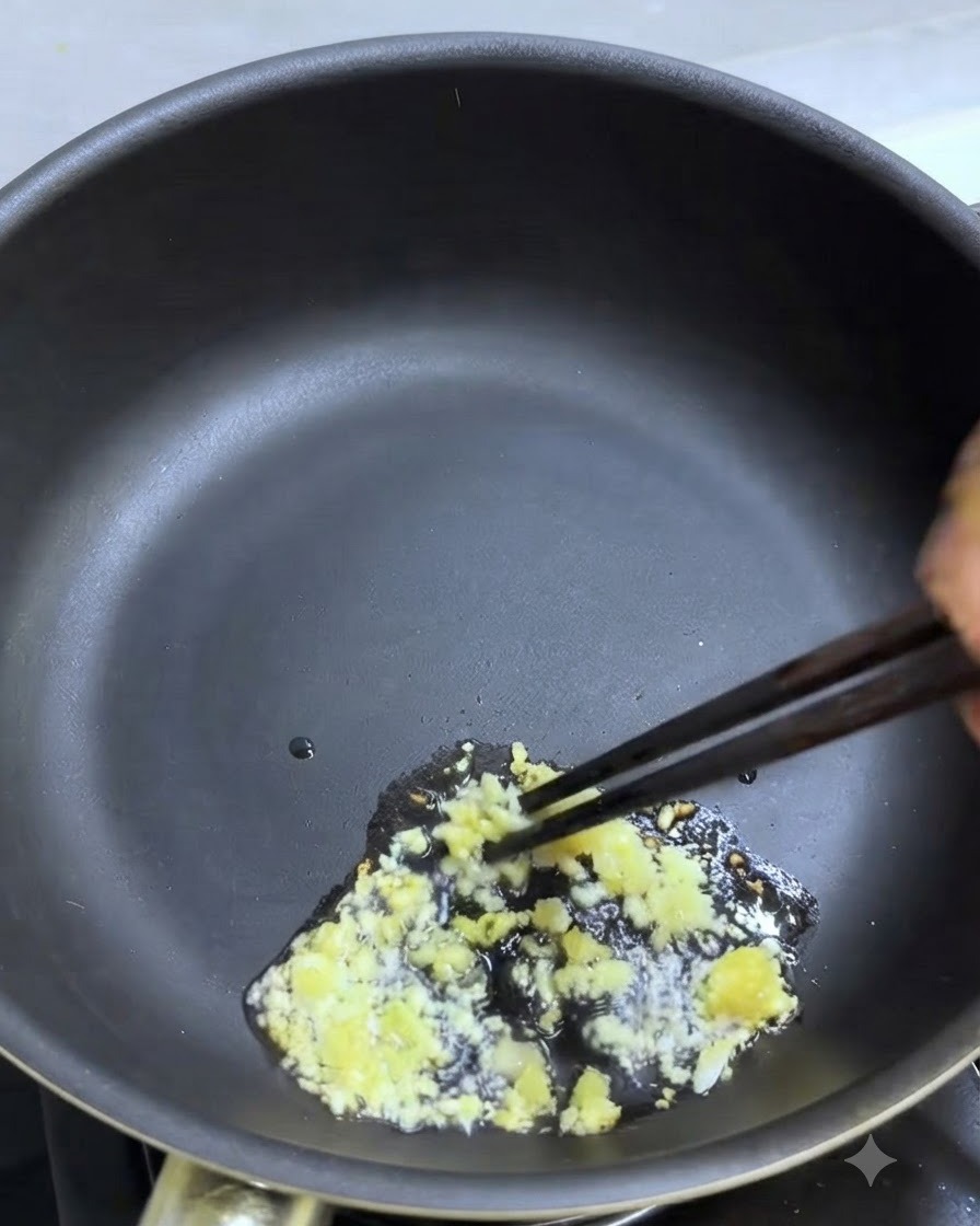 Ail émincé en train dêtre sauté dans une poêle avec de lhuile à laide de baguettes.