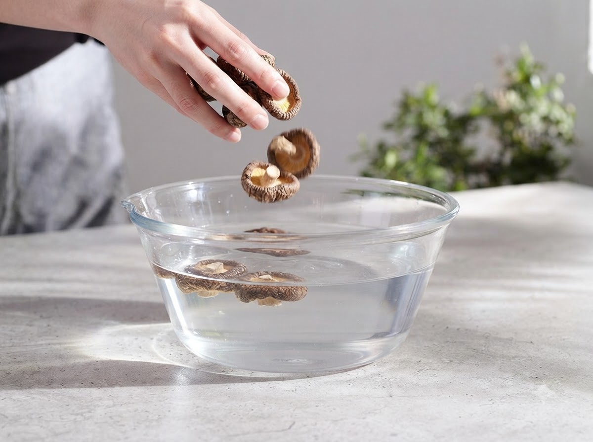 Champignons shiitake et théier séchés trempant dans un bol en verre rempli deau.