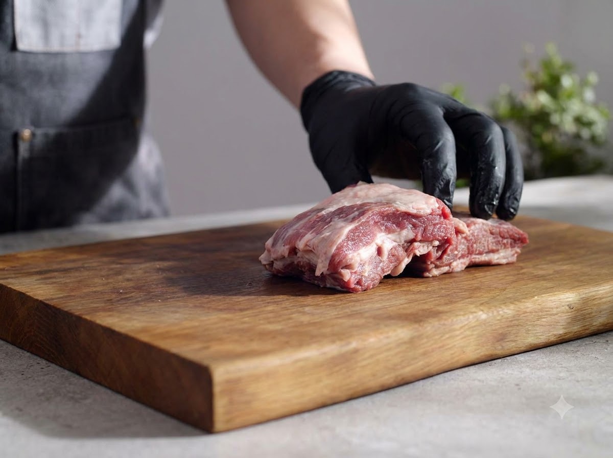 Paire de mains gantées parant lexcès de gras de travers de bœuf crus sur une planche en bois.
