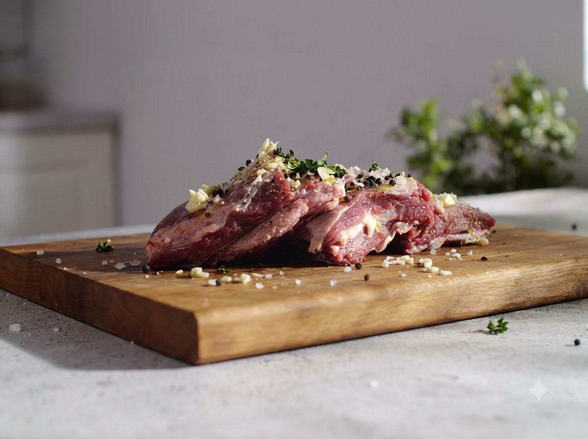 Côtes de bœuf crues enrobées dail, dherbes et dassaisonnements reposant sur une planche à découper.