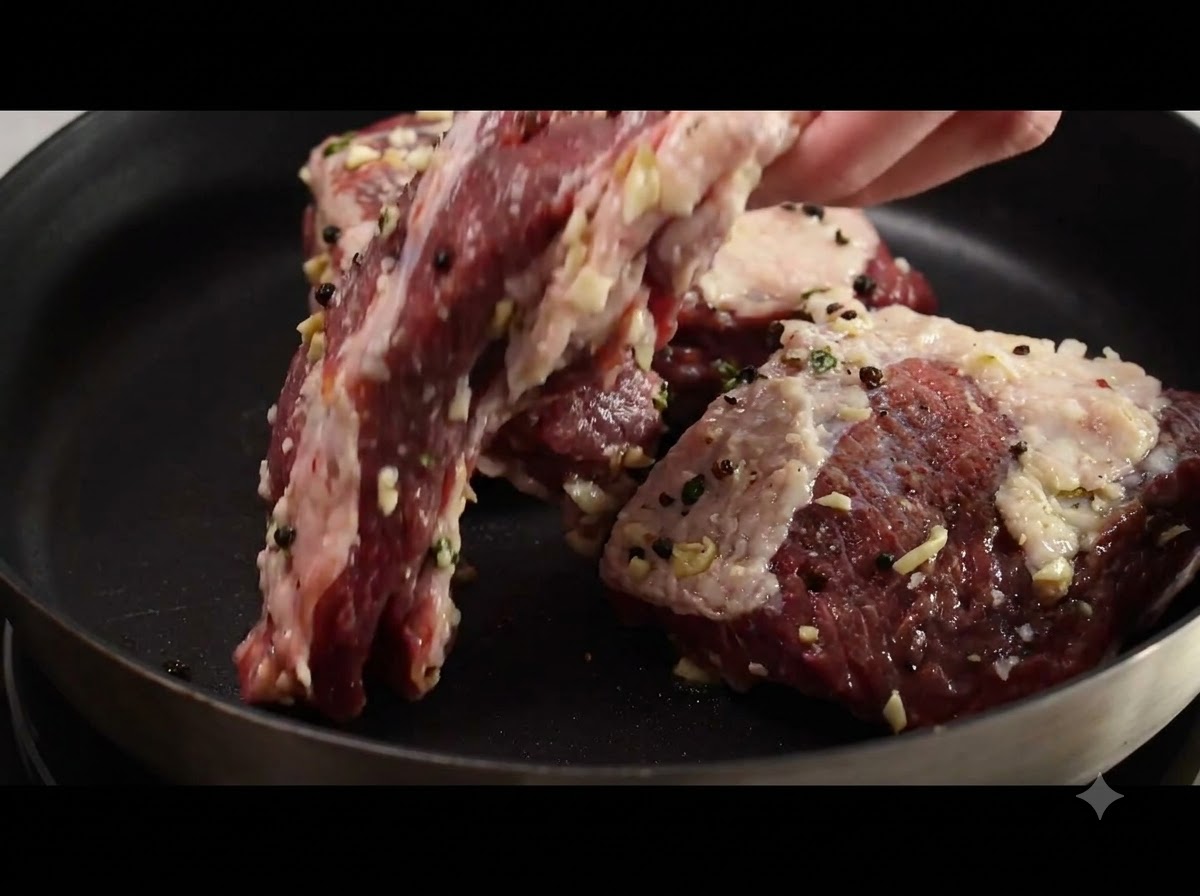 Travers de bœuf dorant dans une poêle chaude sur la cuisinière.