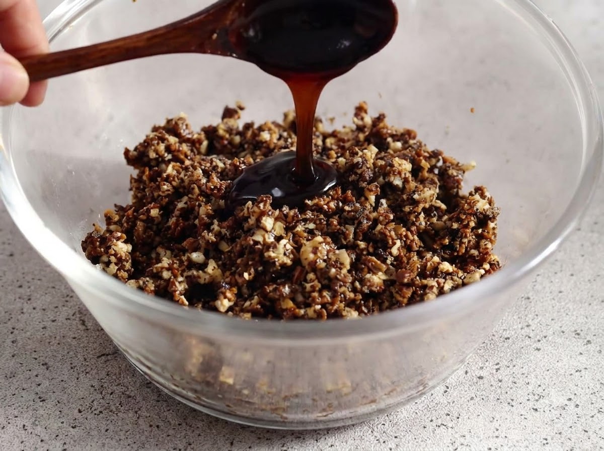 Sauce huître versée dune cuillère dans un bol en verre contenant le mélange de champignons hachés et de truffe.