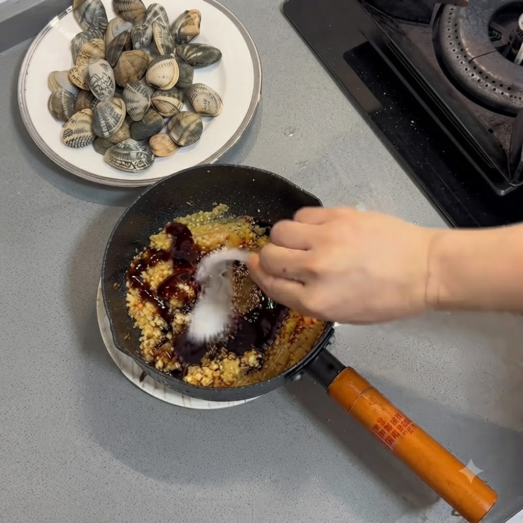 Sauce huître et assaisonnements versés et mélangés dans lail frit à lintérieur dune poêle.