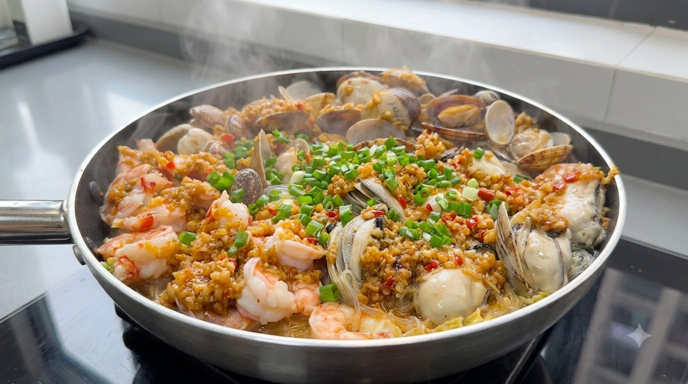 Bœuf rôti au four sur lit de vermicelles aux fruits de mer et à l'ail