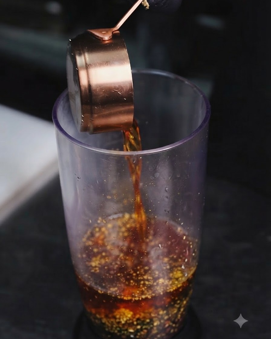 Huile assaisonnée foncée versée dune tasse à mesurer en cuivre dans le récipient de mixage contenant les ingrédients hachés.
