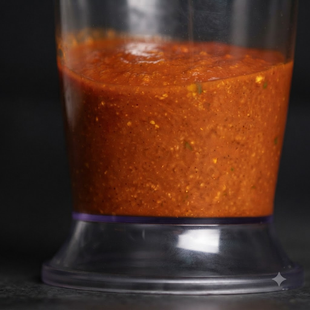 La sauce mixée, lisse et aux couleurs profondes, remplissant la partie inférieure du récipient mixeur en plastique.