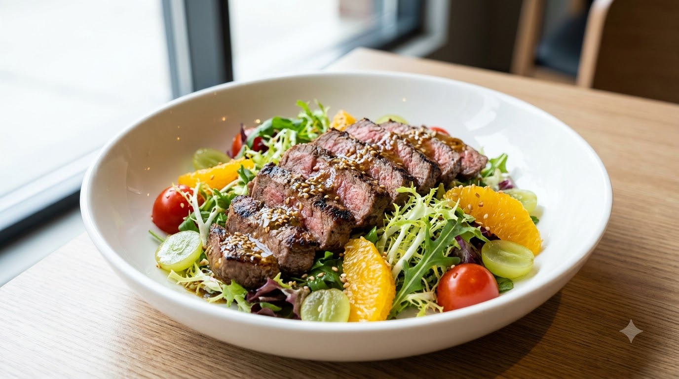 Salade de bœuf grillé au charbon de bois avec des tranches de flanchet mi-cuit sur un lit de salade verte, des quartiers dorange, des raisins verts et des tomates cerises.