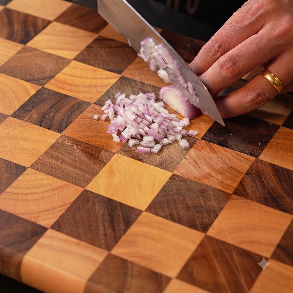De la ciboulette fraîche coupée en petits morceaux sur une planche en bois.