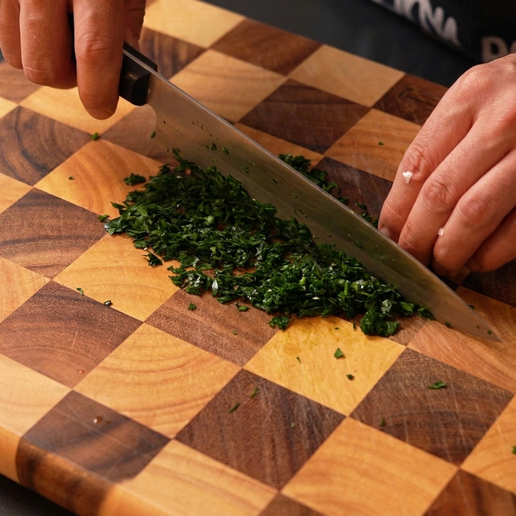 Des feuilles de persil frais finement hachées avec un couteau sur une planche à découper.