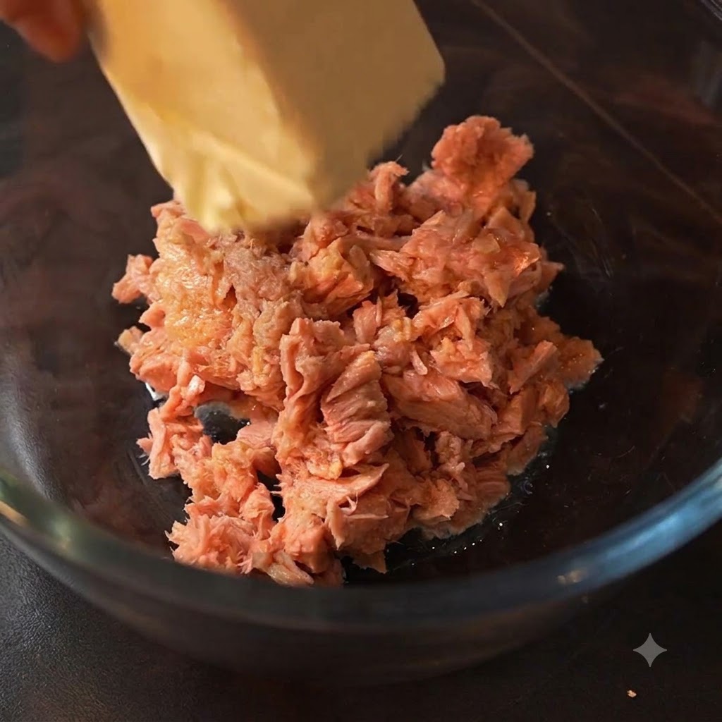 Un bloc de fromage frais placé dans le bol en verre avec le thon.