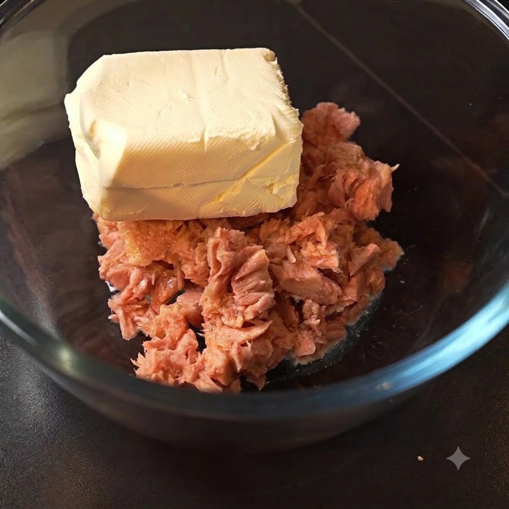Un bloc de fromage frais posé sur le thon émietté à lintérieur dun bol en verre transparent.